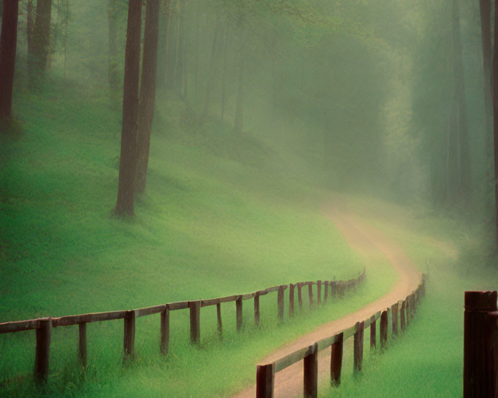 Forest scene: winding dirt path and wooden fence in misty ambiance