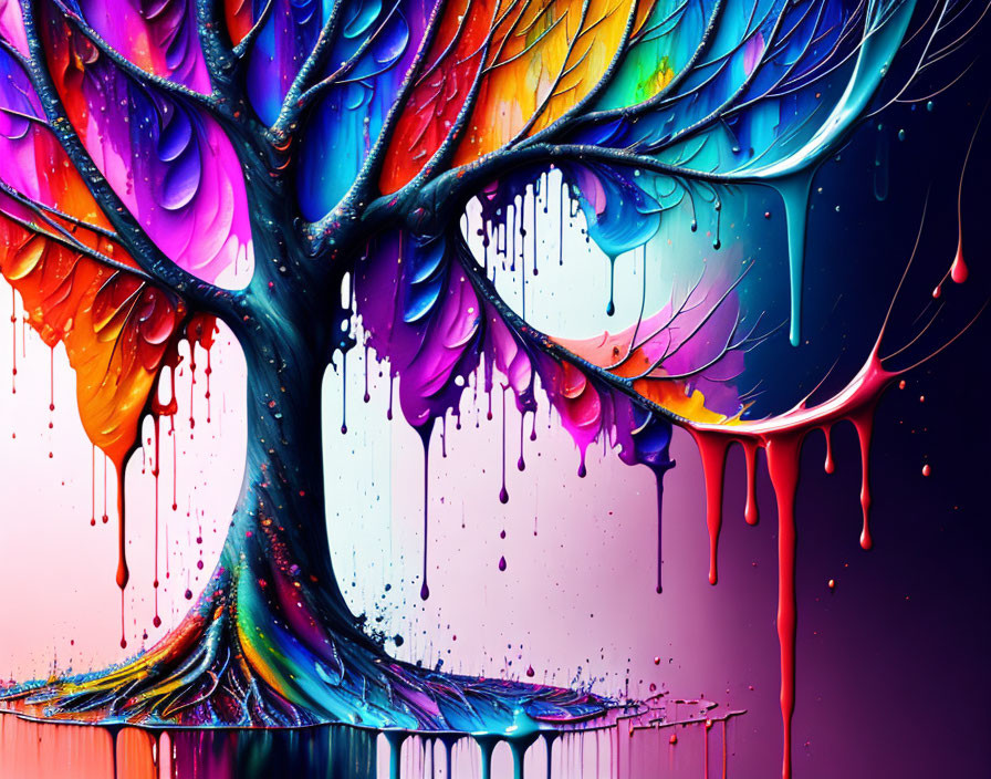 Colorful Dripping Paint Tree on Gradient Background