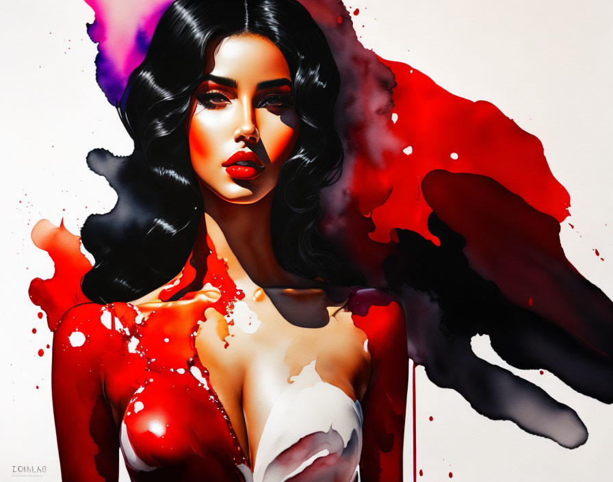 Illustration of woman with flowing dark hair and red lips merging with red and black ink splashes