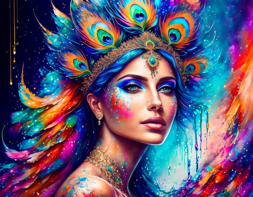 Colorful artwork featuring woman with peacock feathers and blue hair