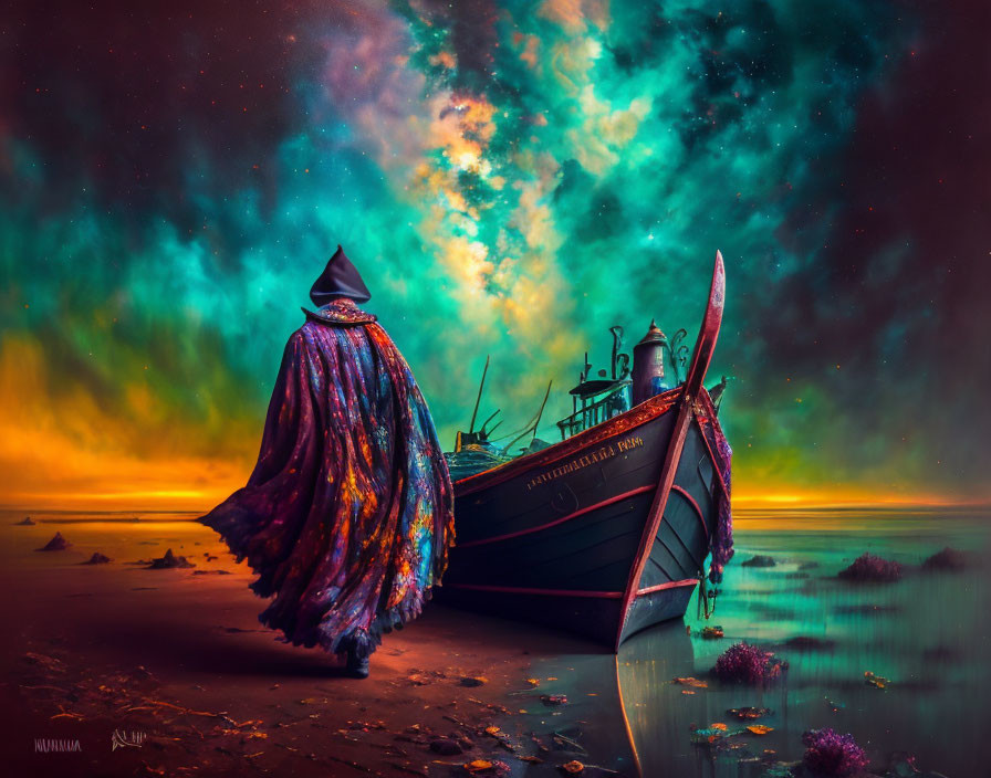 Cloaked Figure by Abandoned Boat Under Surreal Cosmic Sky