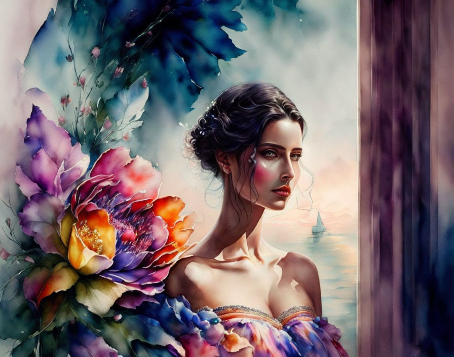 Woman with floral dress gazing near seascape window