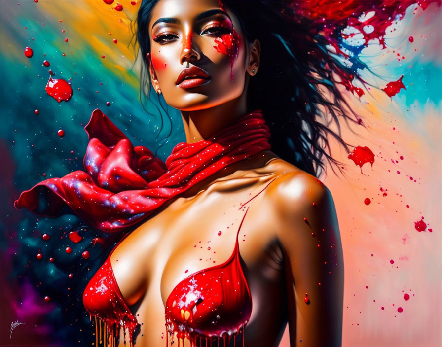 Colorful digital artwork: Woman with red scarf and splashes.