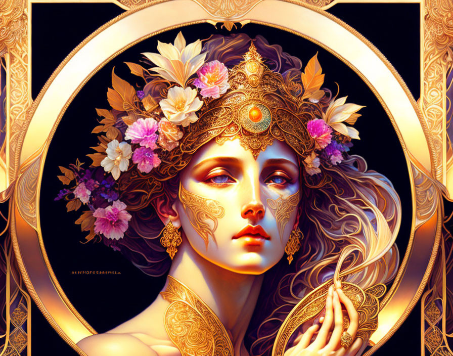 Digital painting featuring woman with gold filigree patterns and floral head adornments