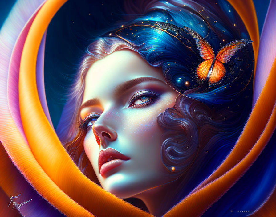 Colorful digital artwork of a woman's face with cosmic elements and swirling blue and orange hues