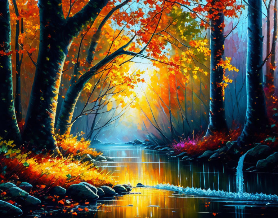 Scenic autumn forest with sunlit pathway and river reflecting fall colors
