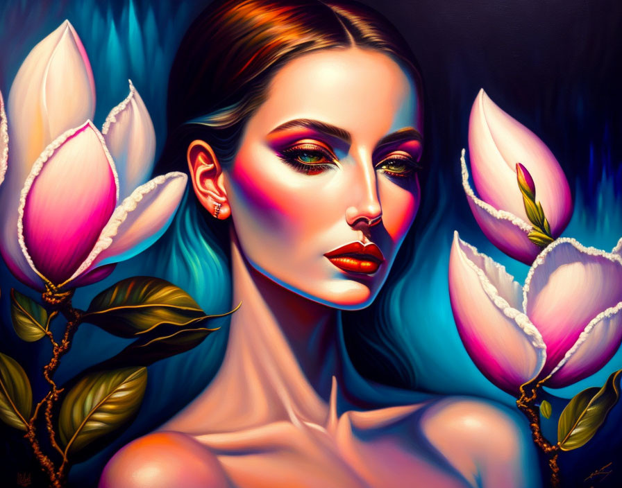 Colorful Woman with Striking Makeup and Magnolias Illustration