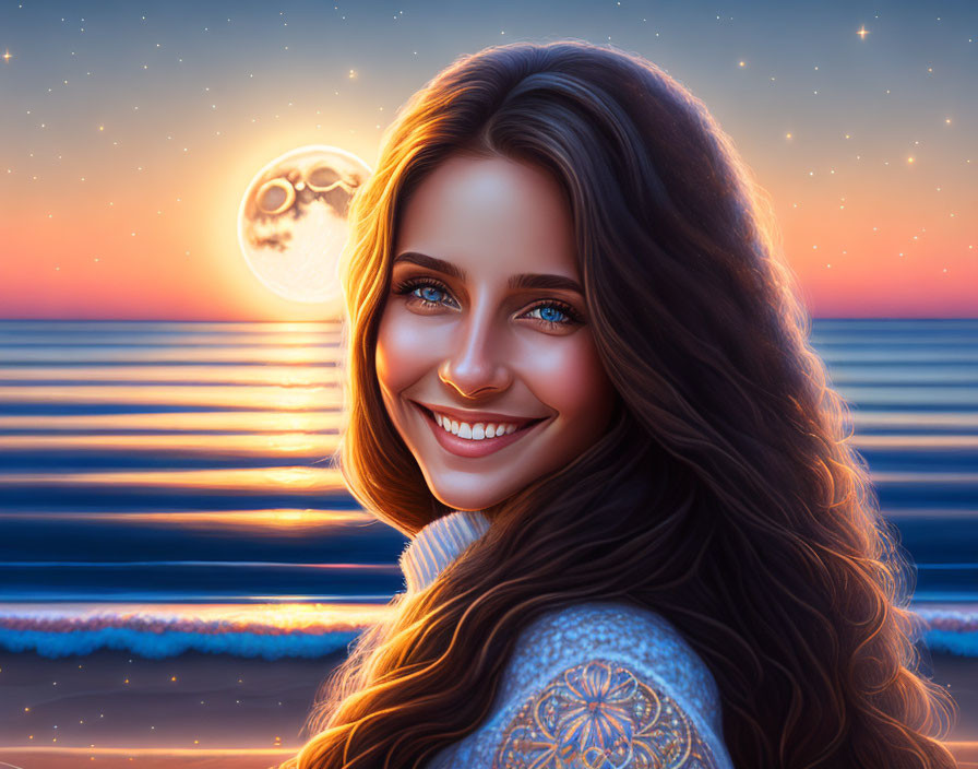 Woman's digital portrait with long hair, smiling at ocean sunset with full moon.