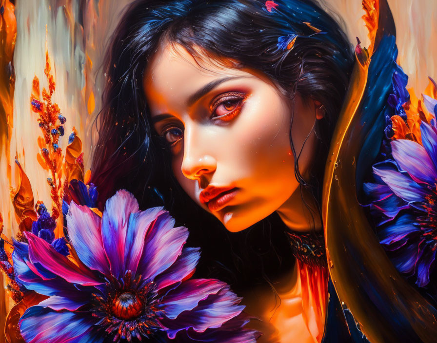 Portrait of Woman with Luminous Skin Surrounded by Flames and Blue Flowers