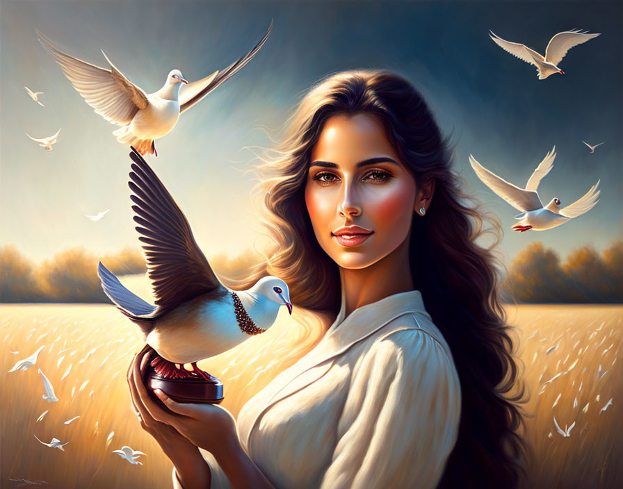 Digital painting of woman with birds in serene field at dusk