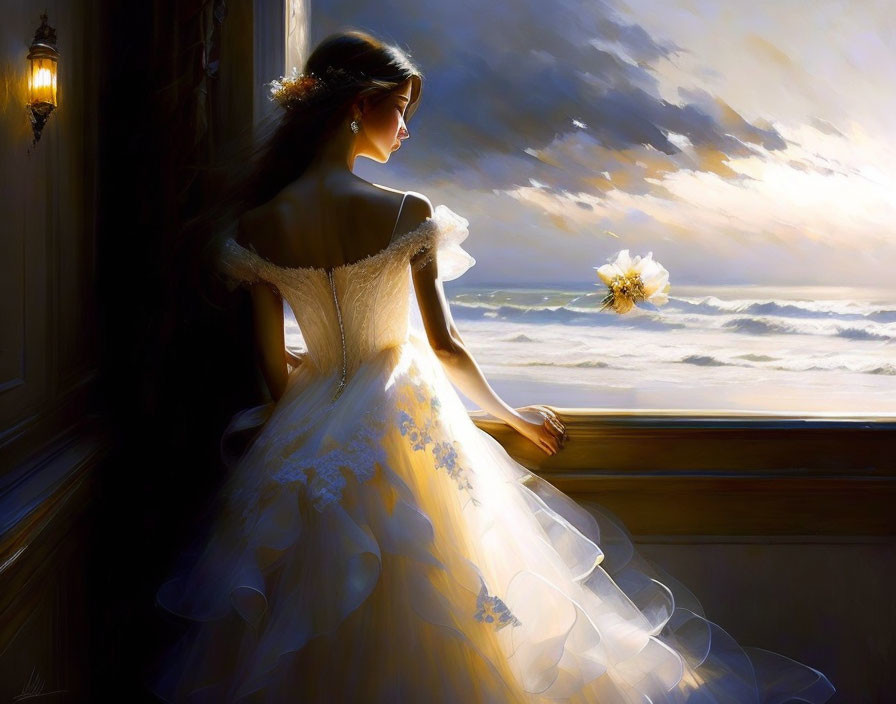 Woman in elegant gown admiring dramatic seascape through window