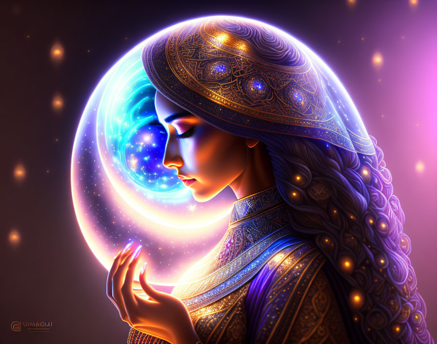 Stylized illustration of a woman in intricate clothing against celestial orb