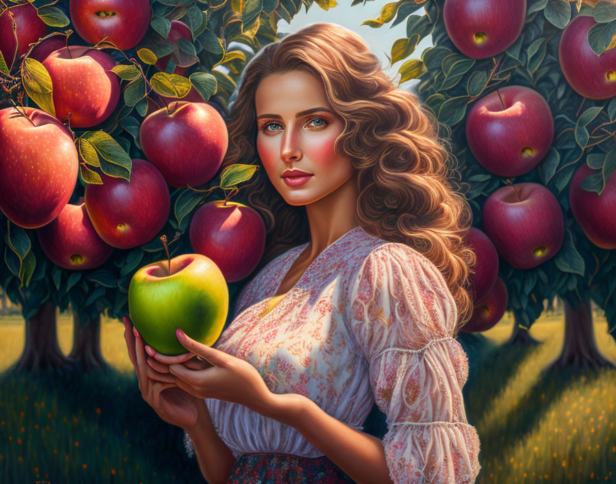 Curly-haired woman with green apple in vintage orchard scene