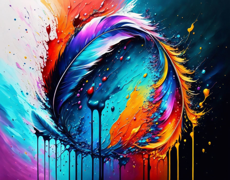 Colorful Abstract Feather Artwork with Rainbow Splash on Dark Background