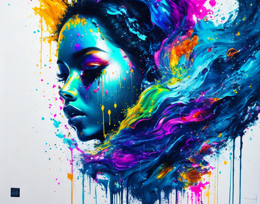 Colorful portrait of a woman with vibrant blue and multicolored paint strokes