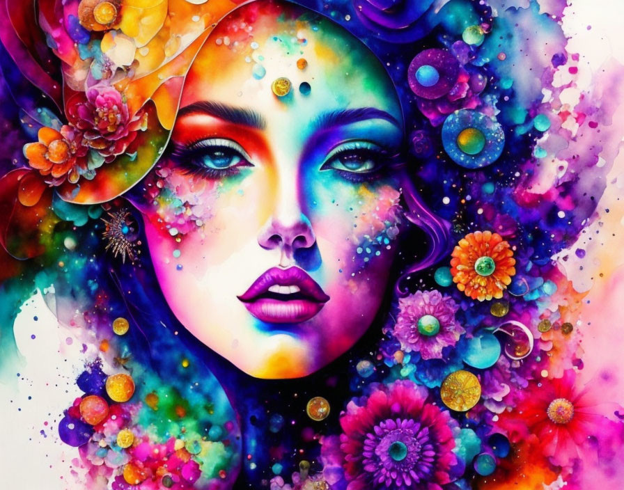 Colorful watercolor painting of woman's face with stylized flowers.