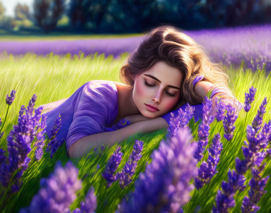 Woman with Wavy Hair Resting Among Purple Lavender Blooms