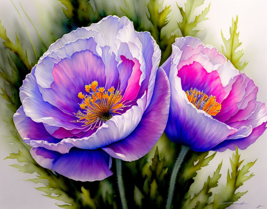 Realistic watercolor painting of vibrant purple poppies with yellow stamen in green foliage