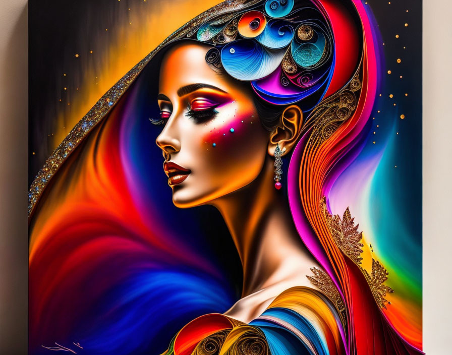 Colorful stylized woman with flowing hair and peacock feather design in rich reds, blues,