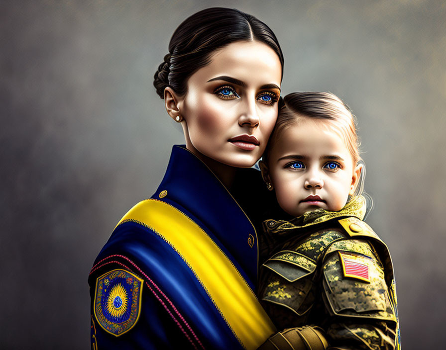 Digital artwork featuring woman and child in blue and camouflage outfits with intense blue eyes on gray background