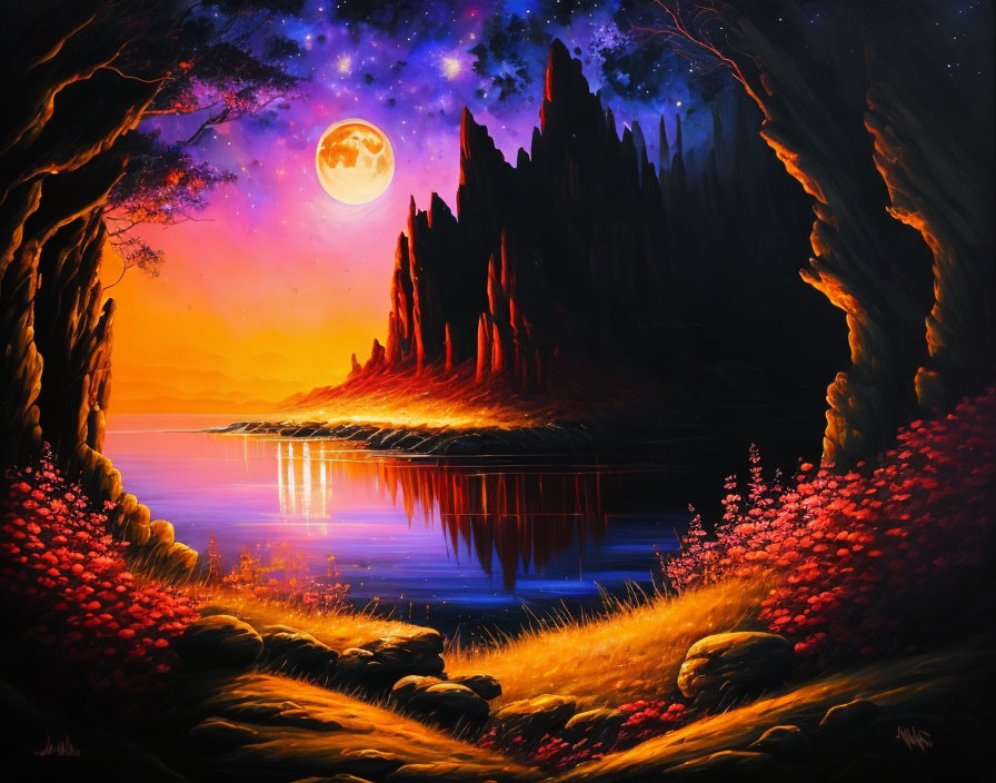 Fantasy landscape painting: Moonlit sky, rocky terrain, serene lake, lush flora, starry