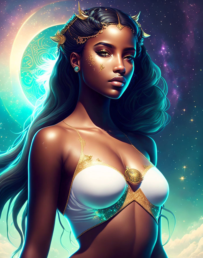Illustrated fantasy woman with gold ornaments and cosmic backdrop