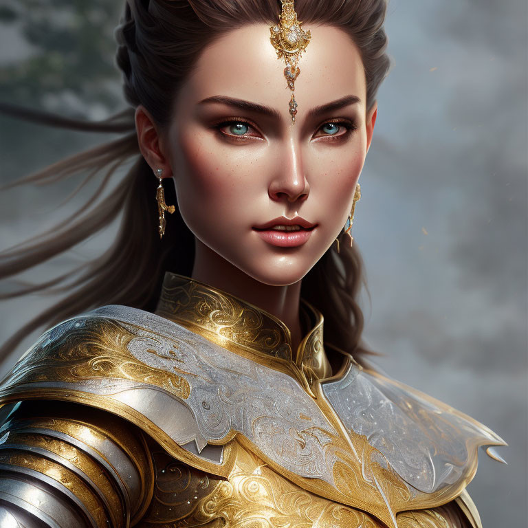 Digital portrait of woman in ornate golden armor and jewelry, with focused gaze against cloudy sky.