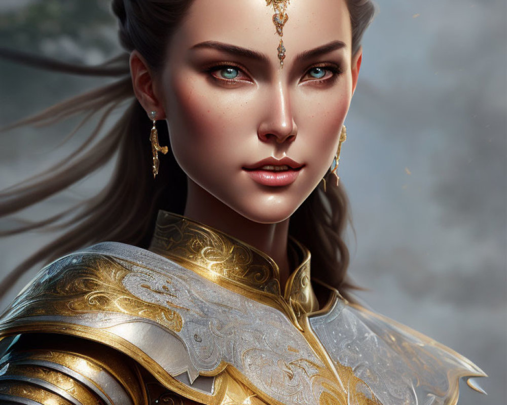 Digital portrait of woman in ornate golden armor and jewelry, with focused gaze against cloudy sky.