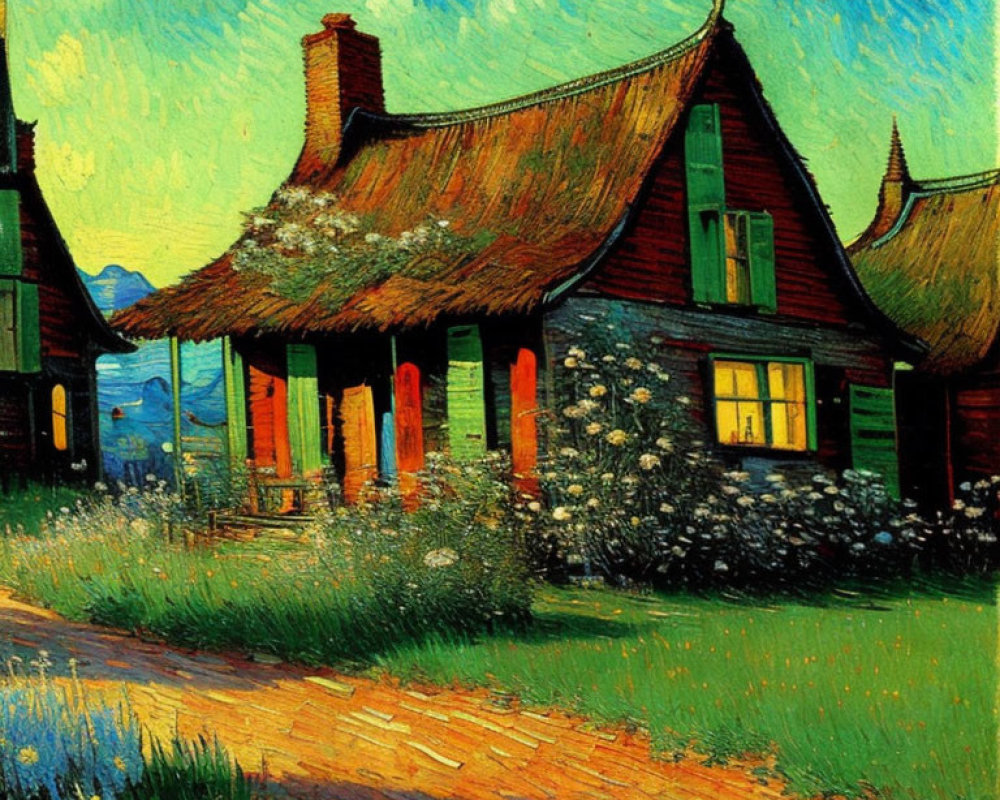 Colorful painting of rustic house with thatched roof in Van Gogh style