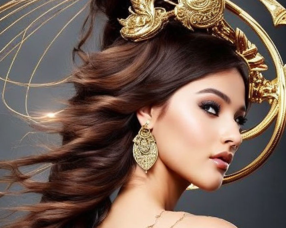 Elaborate golden headpiece and earrings on woman with flowing hair