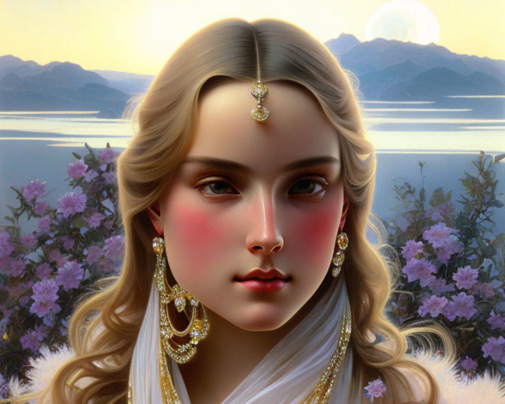 Portrait of Woman with Golden Jewelry and White Veil in Mountain Landscape at Sunset