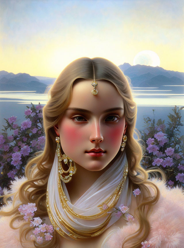 Portrait of Woman with Golden Jewelry and White Veil in Mountain Landscape at Sunset