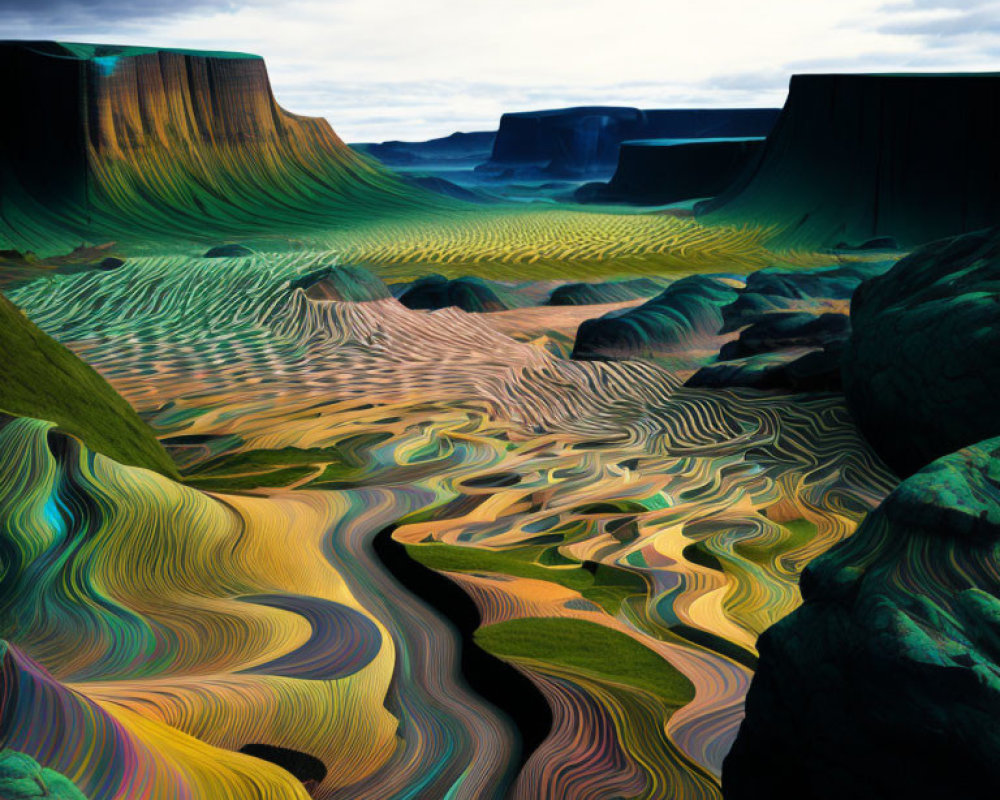 Multicolored patterns in surreal landscape with towering cliffs