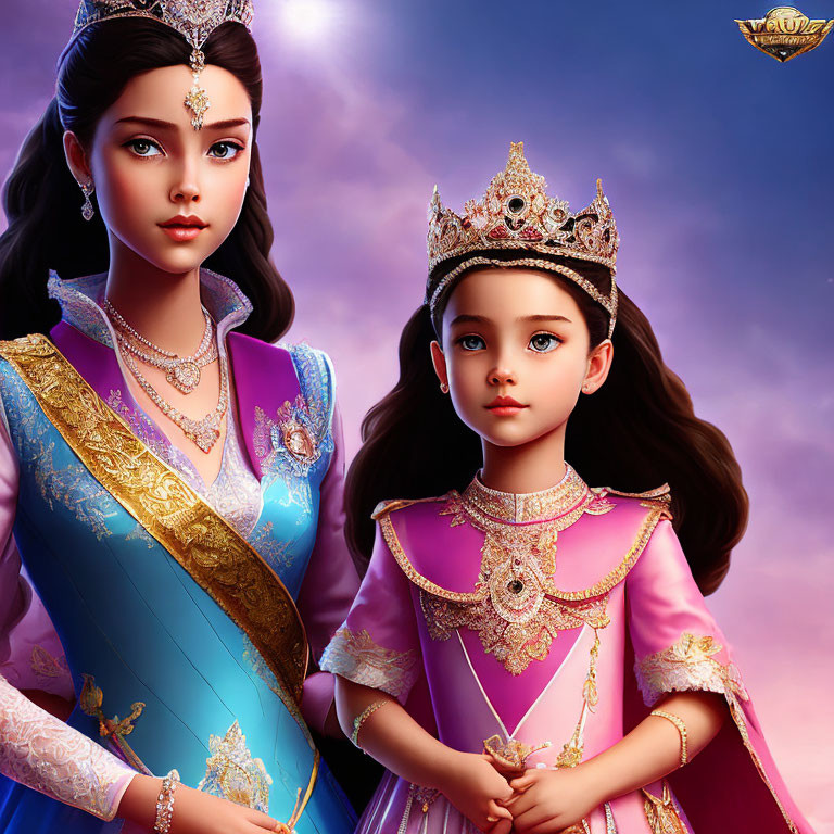 Animated princesses in blue and pink dresses with crowns in regal poses against magical backdrop