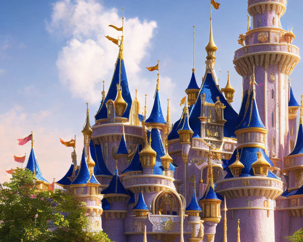 Majestic fairy-tale castle with tall spires and blue rooftops