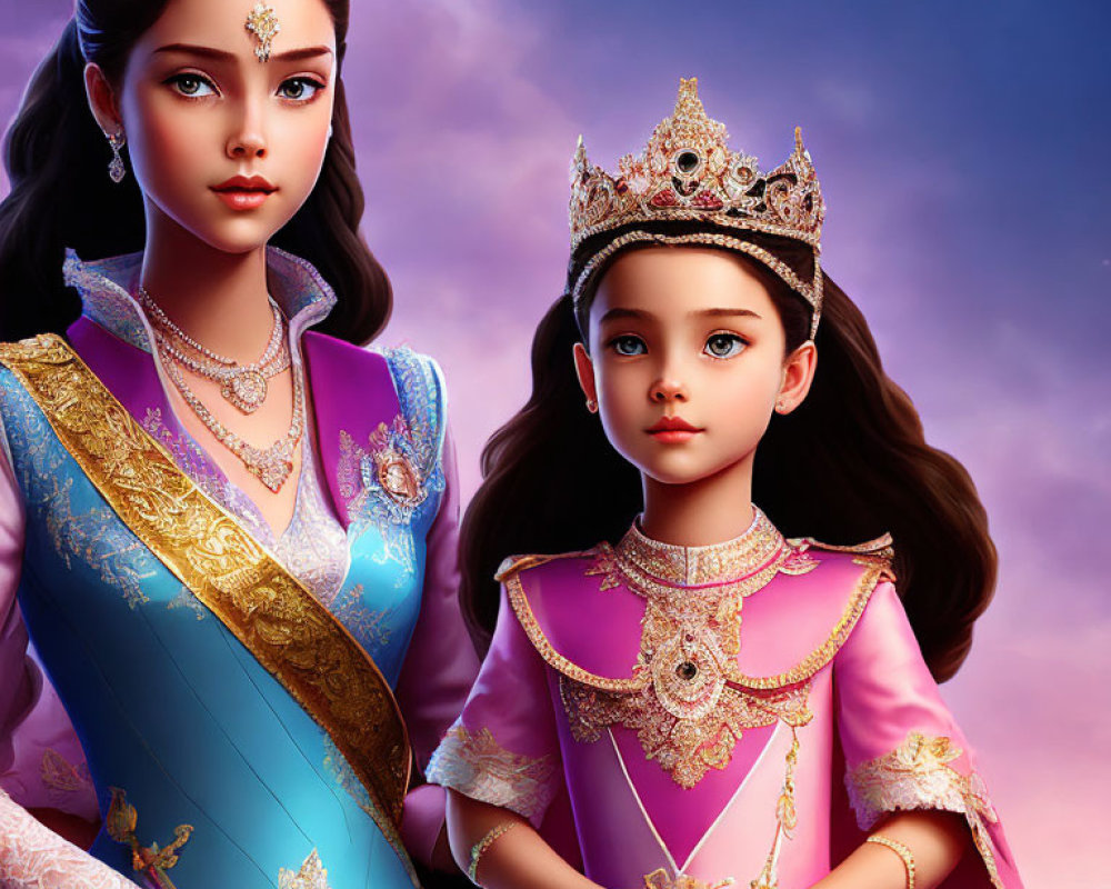 Animated princesses in blue and pink dresses with crowns in regal poses against magical backdrop