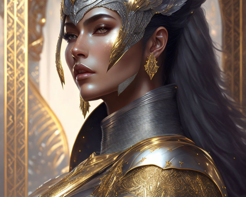 Detailed female warrior illustration with golden armor, feathered helm, intense gaze, dark hair, and golden