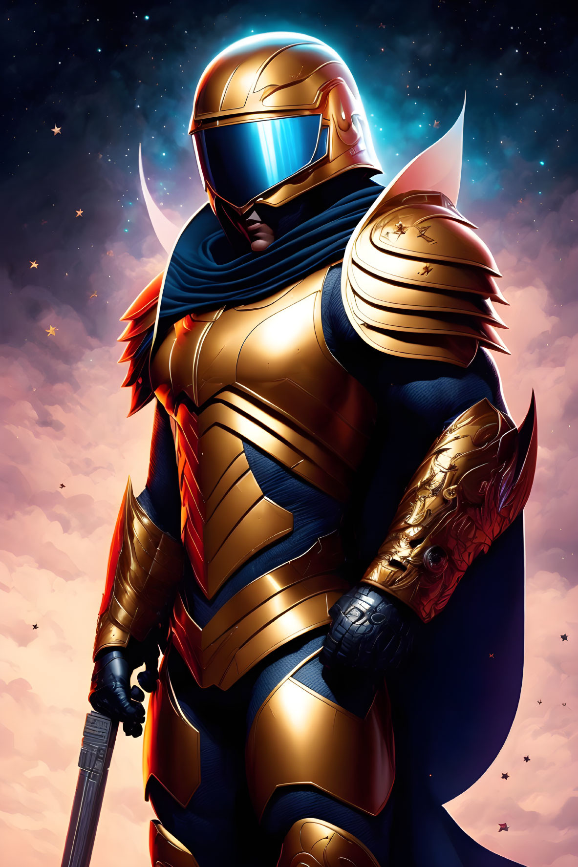 Futuristic knight in golden armor with visor helmet against cosmic backdrop