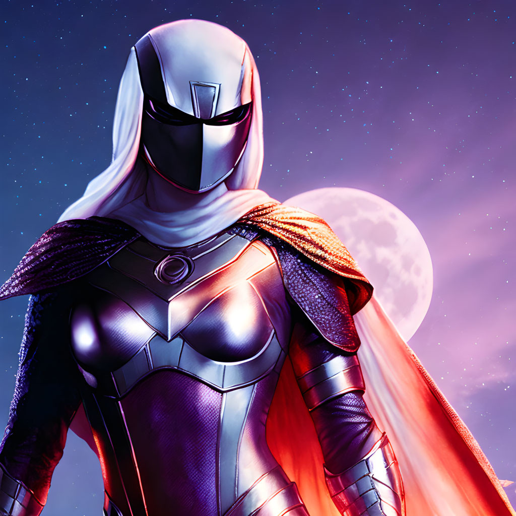 Heroic figure in silver armor with white cape under starry sky and large moon.