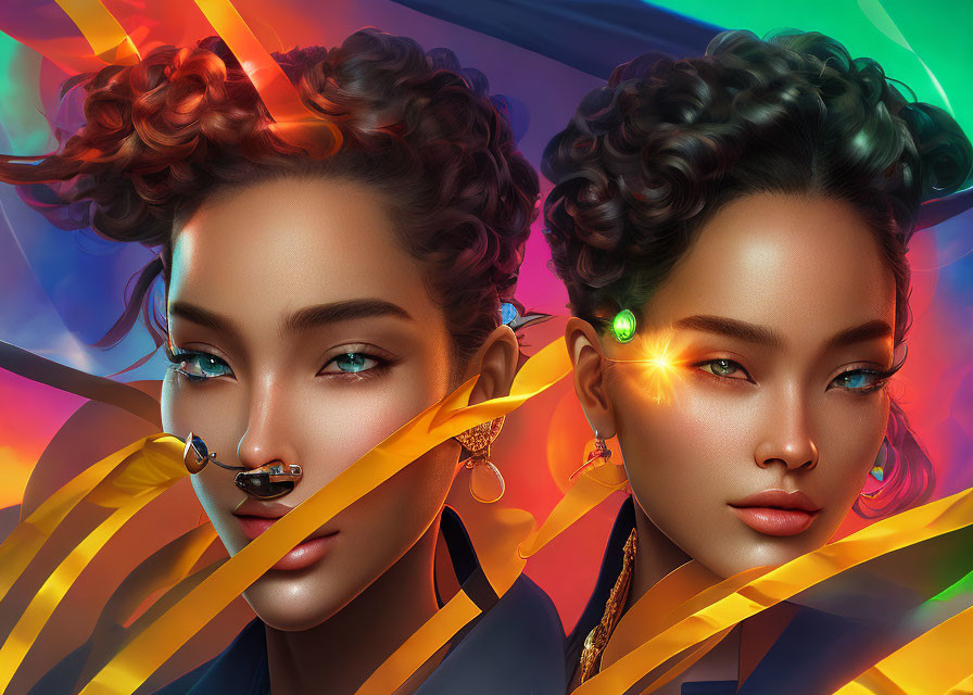 Vibrant digital artwork: Two women with blue eyes and curly hair in golden jewelry.