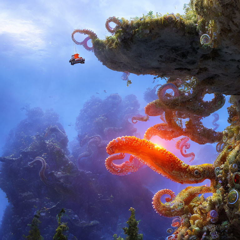 Underwater Scene: Divers Explore Surreal Landscape with Octopus Tentacles