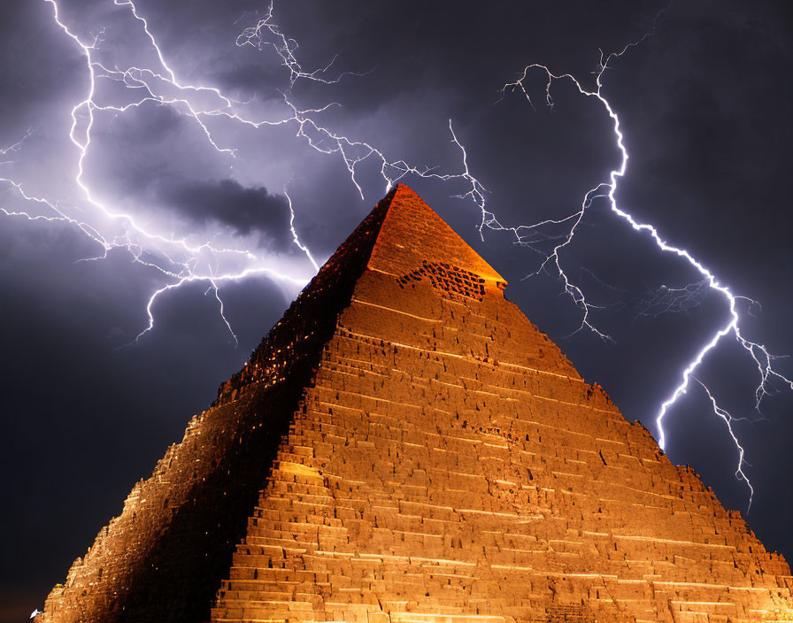 Great Pyramid under stormy sky with lightning bolts - Dramatic Image