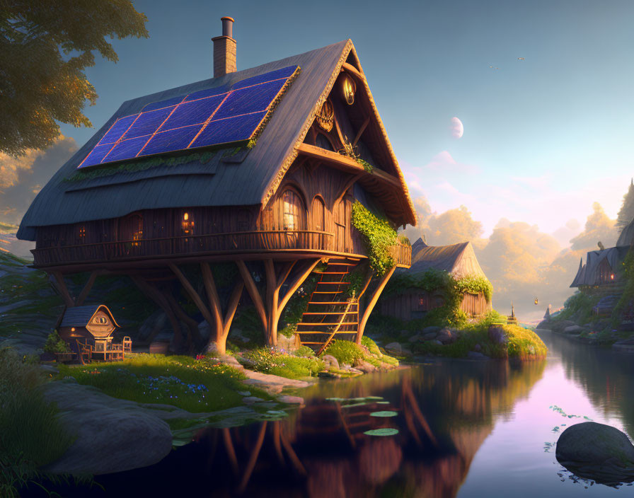 Fantasy cottage on stilts with solar-paneled roof in serene sunset landscape