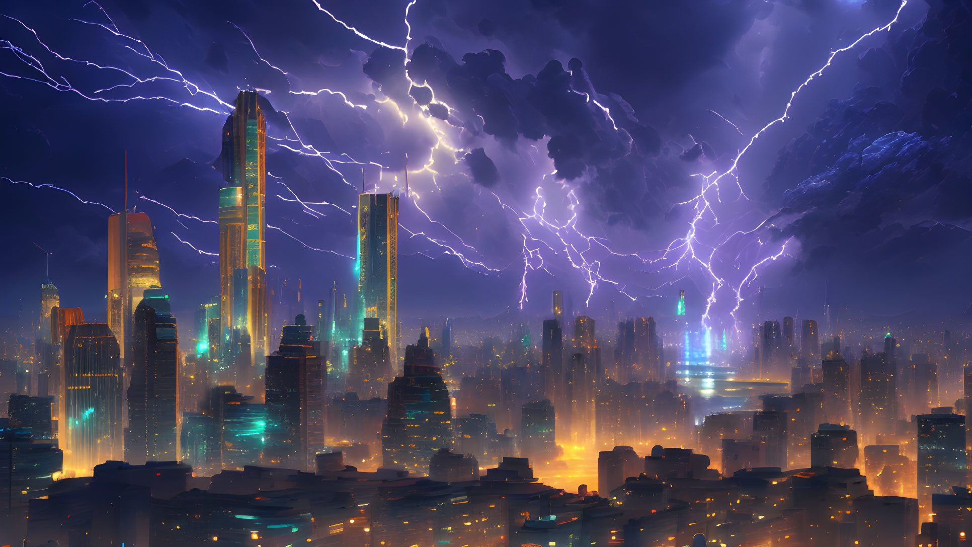 Futuristic night cityscape with skyscrapers and lightning