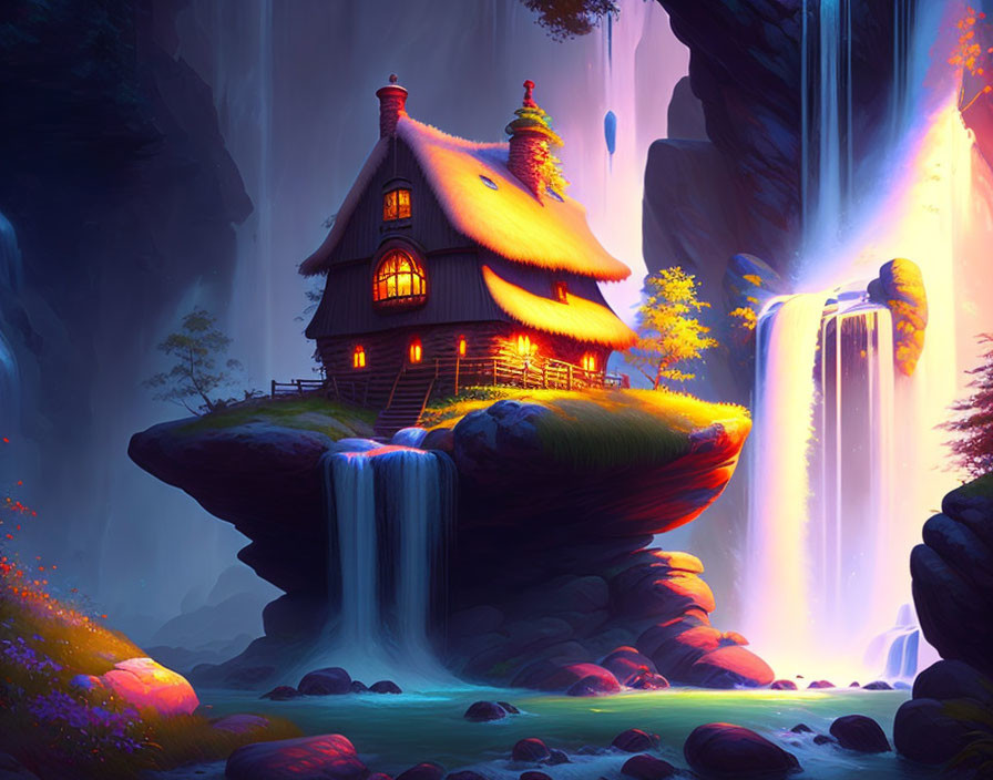 Illustration of cozy house on floating rock island with waterfalls and vibrant flora at twilight