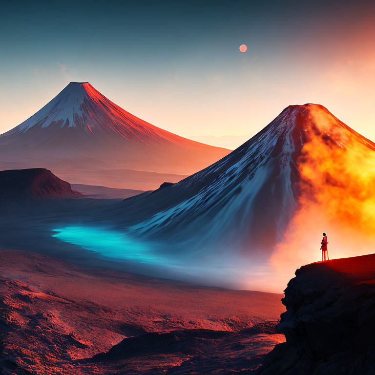 Person on rocky outcrop gazes at surreal landscape with twin volcanoes and large moon