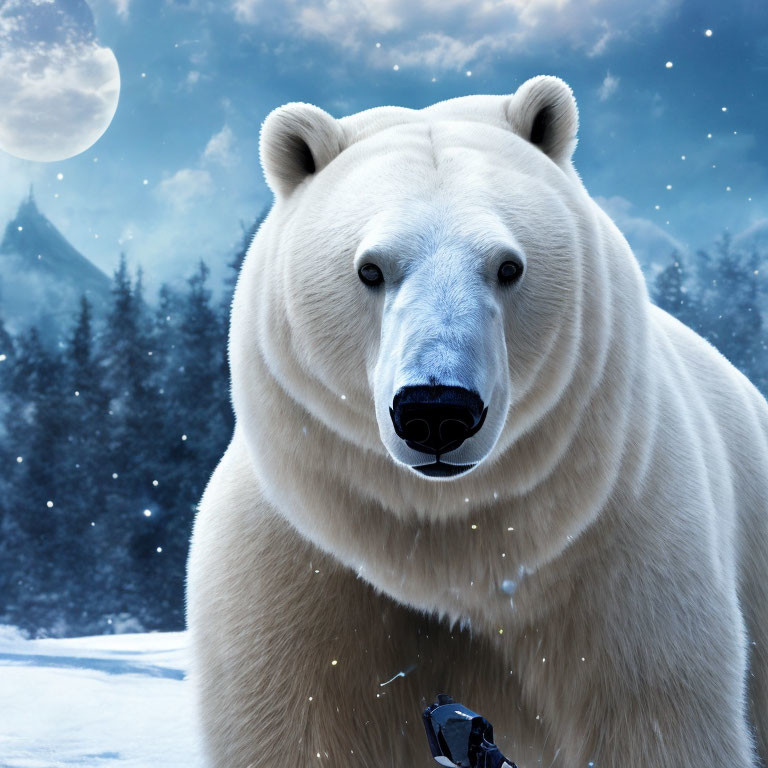 Polar bear in snowy landscape under full moon