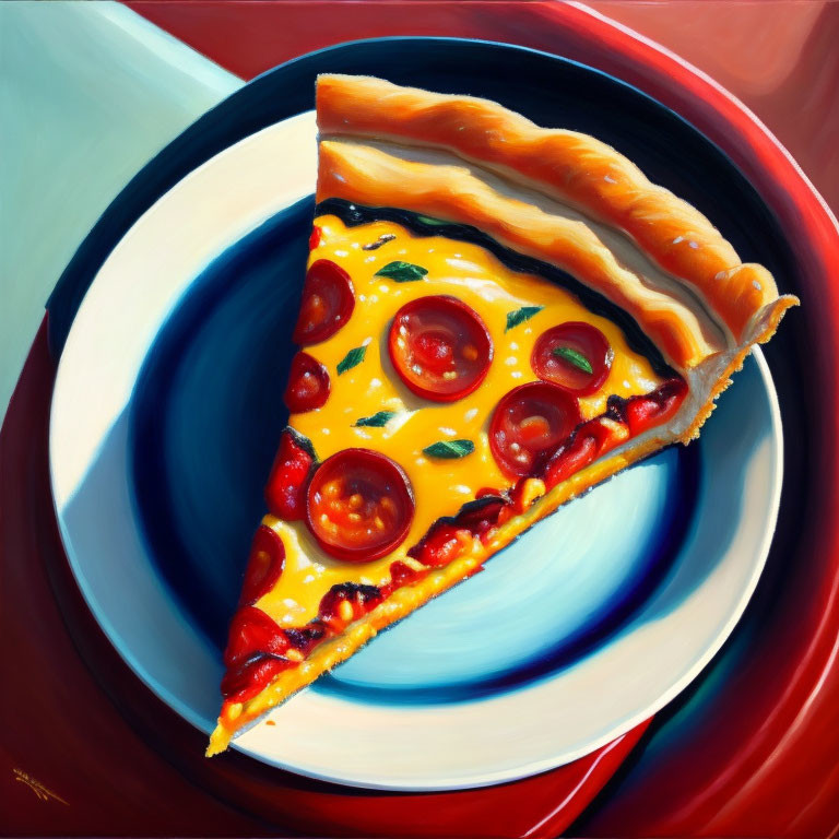 Hyper-realistic Cheese Pizza Slice Painting with Pepperoni and Green Peppers on Striped Plate
