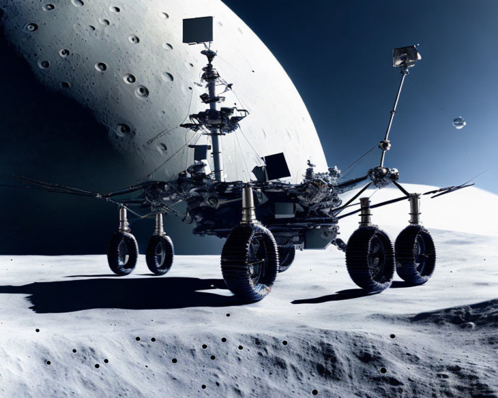Intricate lunar rover on moon-like surface with large wheels