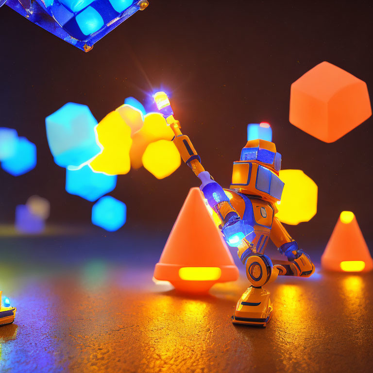 Illuminated toy robot in fantasy setup with glowing shapes